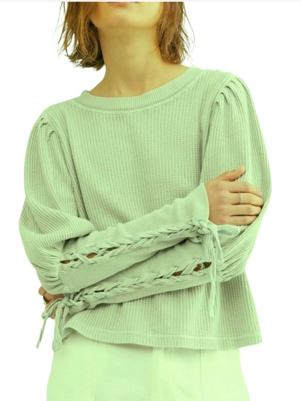 Free People "Tasha" Cropped Waffle Thermal Top in Aqua Puff Sleeve Lace-Up . XL